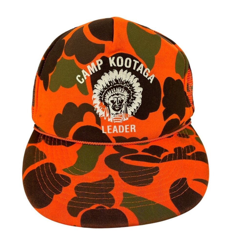 Vintage BSA Camp Kootaga Leader Orange Camo Foam Mesh Trucker Hat Otto Cap